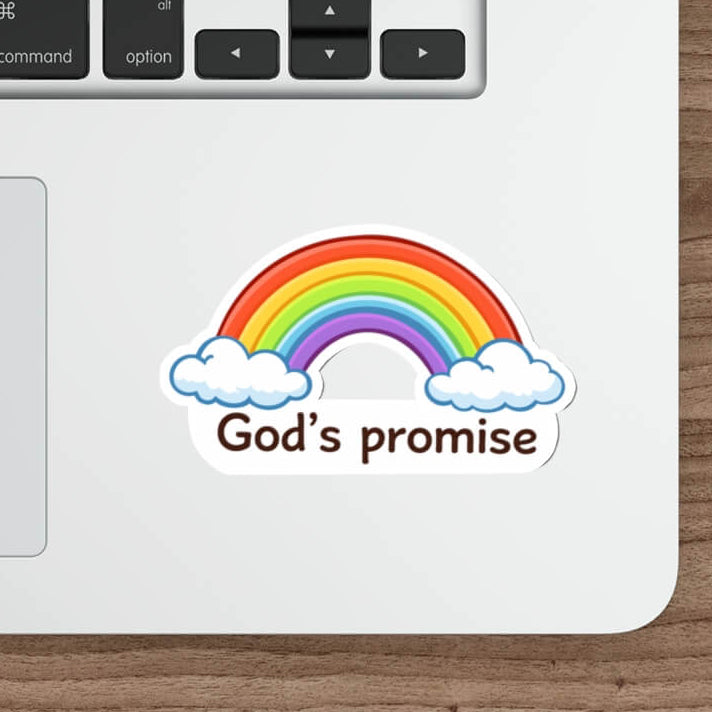 Rainbow sticker with clouds and the phrase “God’s Promise” inspired by Genesis 9:13 in kawaii style vinyl decal.