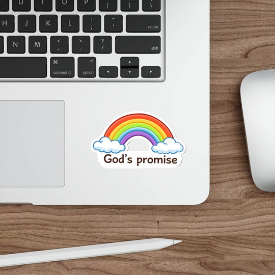 Rainbow sticker with clouds and the phrase “God’s Promise” inspired by Genesis 9:13 in kawaii style vinyl decal.