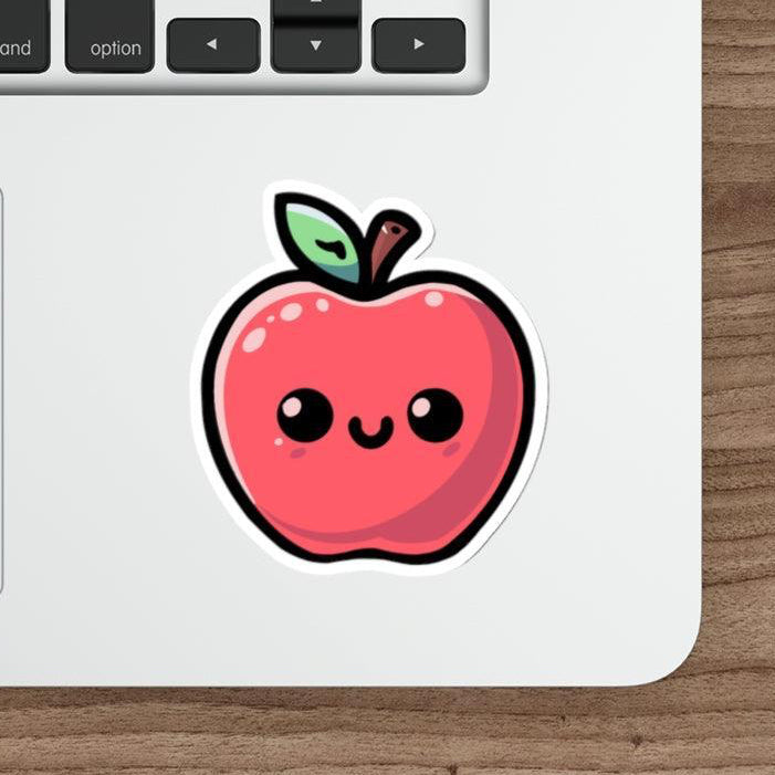 A charming waterproof sticker featuring a cute cartoon apple with a smile, perfect for adding a sweet touch to your notebooks or devices - Baby Keo.
