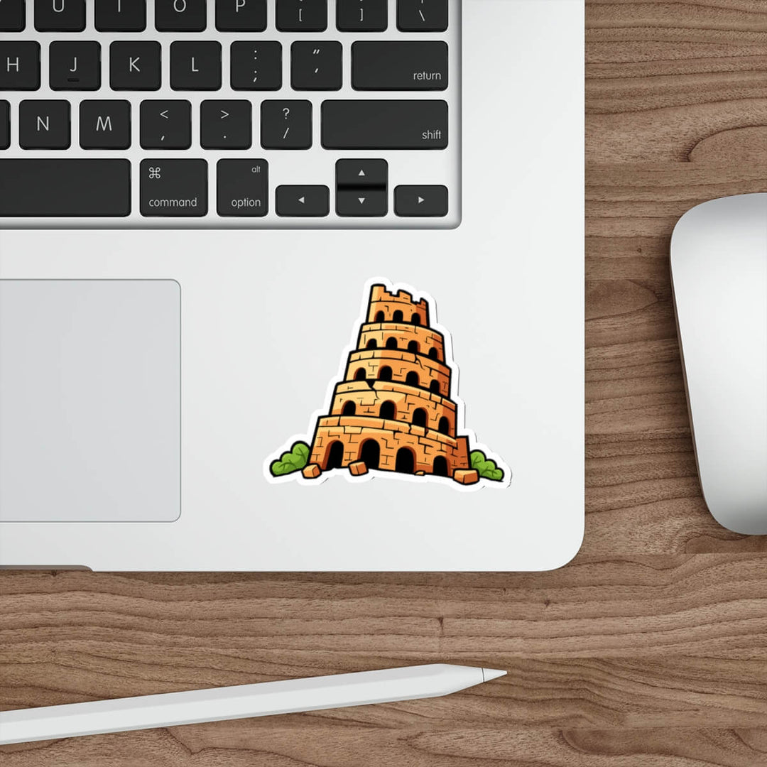 Laptop with a sticker of the Tower of Babel on a wooden desk.