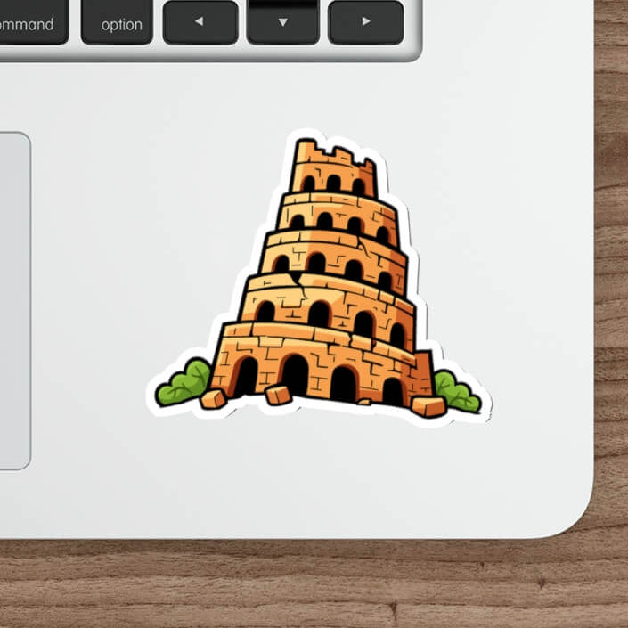 Laptop with a sticker of the Tower of Babel on a wooden desk.