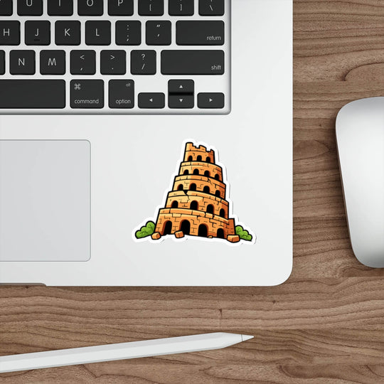 Laptop with a sticker of the Tower of Babel on a wooden desk.