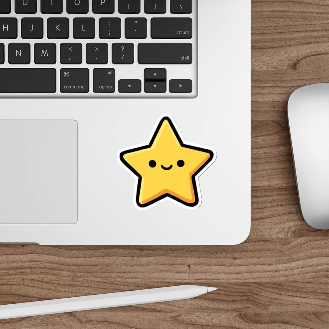 Cute yellow star sticker with smiley face on laptop, kawaii minimalist aesthetic