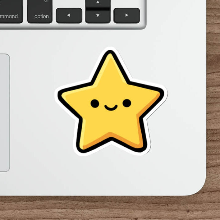 Cute yellow star sticker with smiley face on laptop, kawaii minimalist aesthetic