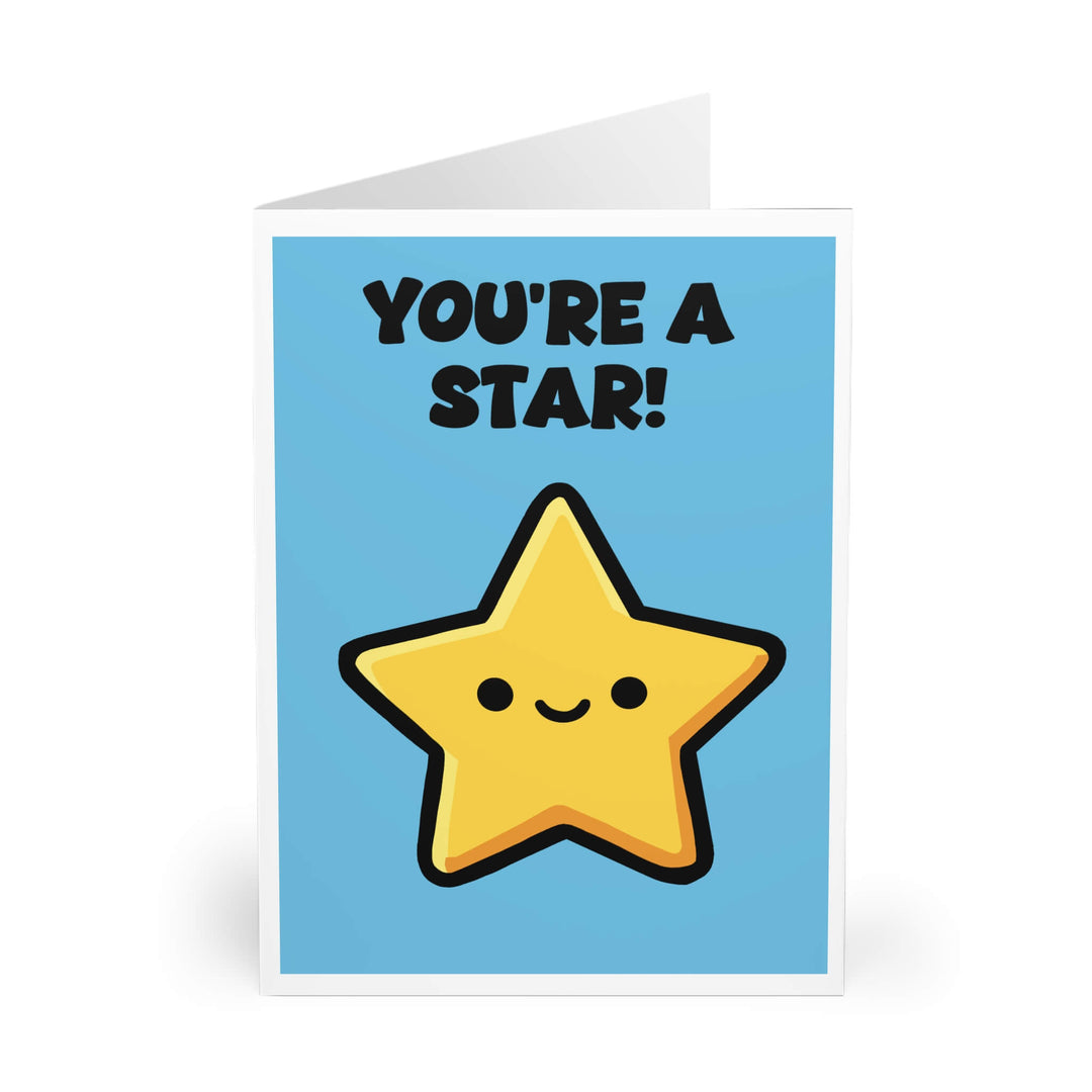 Cute smiling yellow star illustration on blue background with the phrase “You’re a Star!” encouragement greeting card design