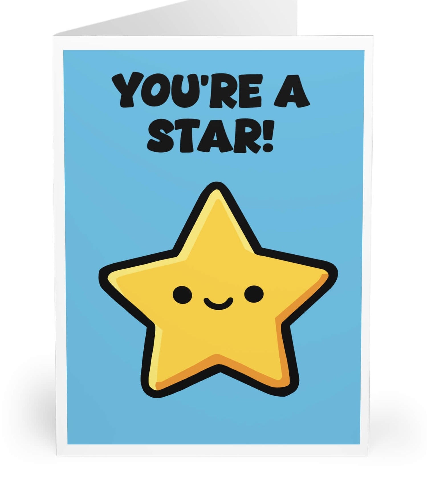Cute smiling yellow star illustration on blue background with the phrase “You’re a Star!” encouragement greeting card design