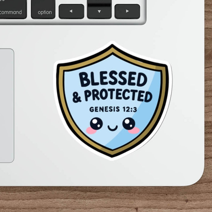 Cute shield sticker with the text “Blessed & Protected Genesis 12:3” in kawaii style vinyl decal.