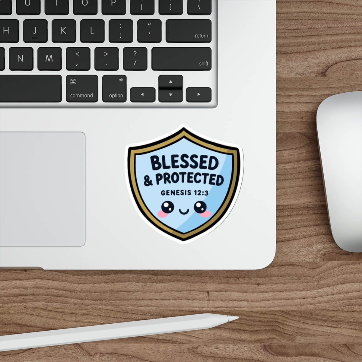 Cute shield sticker with the text “Blessed & Protected Genesis 12:3” in kawaii style vinyl decal.
