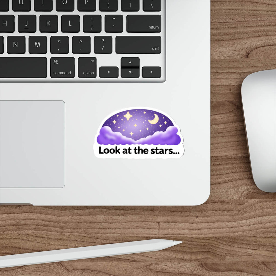 Cute night sky sticker with stars, moon and clouds and the text “Look at the stars” in kawaii style vinyl decal.