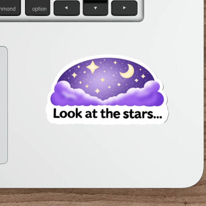 Cute night sky sticker with stars, moon and clouds and the text “Look at the stars” in kawaii style vinyl decal.