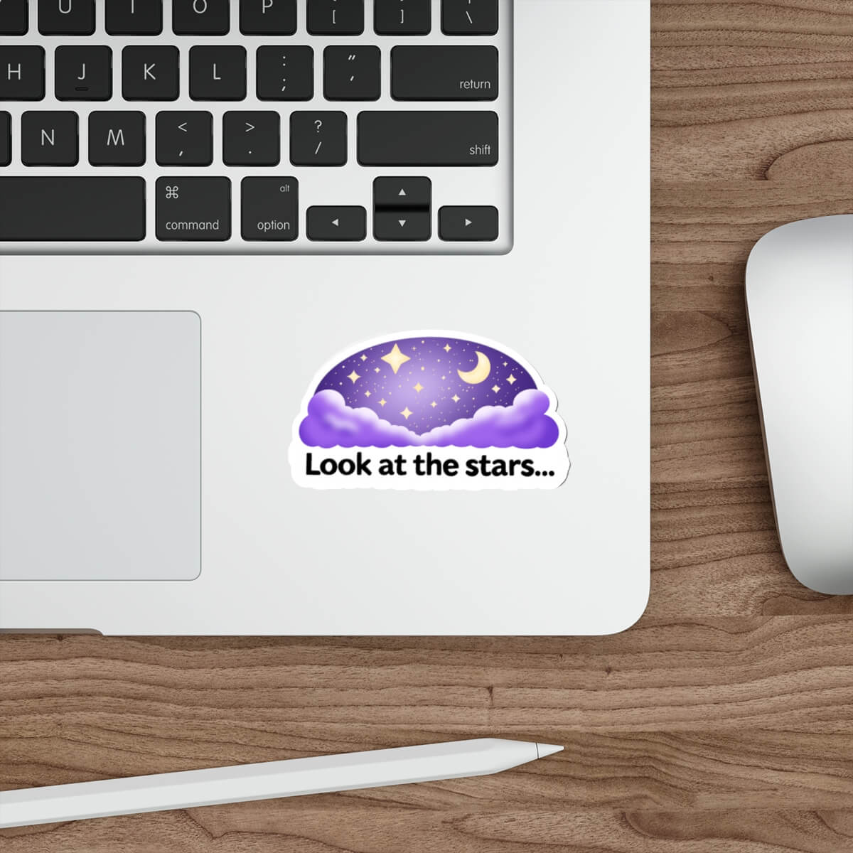 Cute night sky sticker with stars, moon and clouds and the text “Look at the stars” in kawaii style vinyl decal.