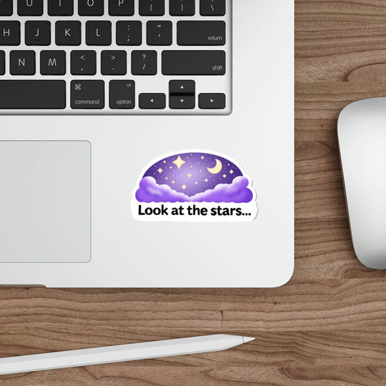 Cute night sky sticker with stars, moon and clouds and the text “Look at the stars” in kawaii style vinyl decal.