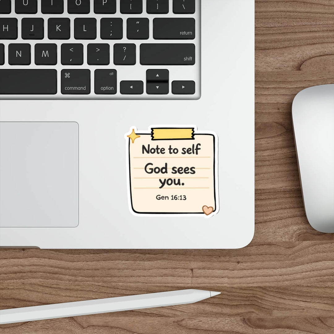 Cute note style sticker with the text “God sees you Gen 16:13” in soft aesthetic vinyl decal.