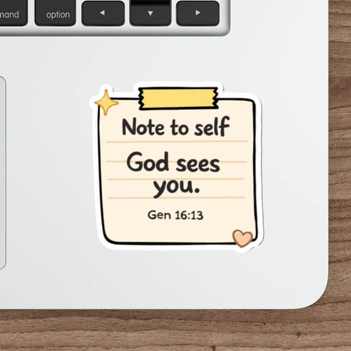 Cute note style sticker with the text “God sees you Gen 16:13” in soft aesthetic vinyl decal.