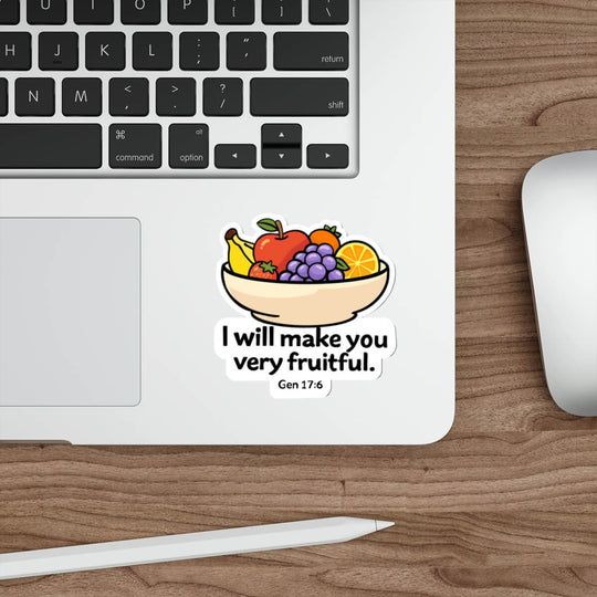 Cute fruit bowl sticker with grapes, apple, banana and orange and the text “I will make you very fruitful Gen 17:6” in kawaii style vinyl decal.