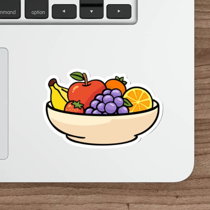 Cute fruit bowl sticker with apple, grapes, orange and banana in kawaii minimalist style