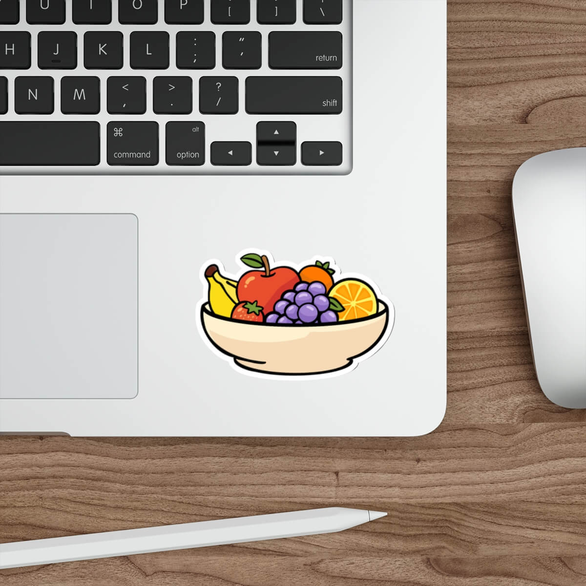 Cute fruit bowl sticker with apple, grapes, orange and banana in kawaii minimalist style