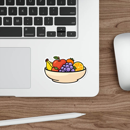 Cute fruit bowl sticker with apple, grapes, orange and banana in kawaii minimalist style