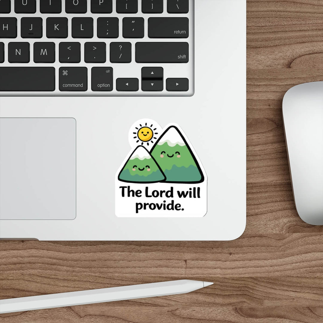 Cute mountain and sun sticker with the text “The Lord will provide” in kawaii style vinyl decal.