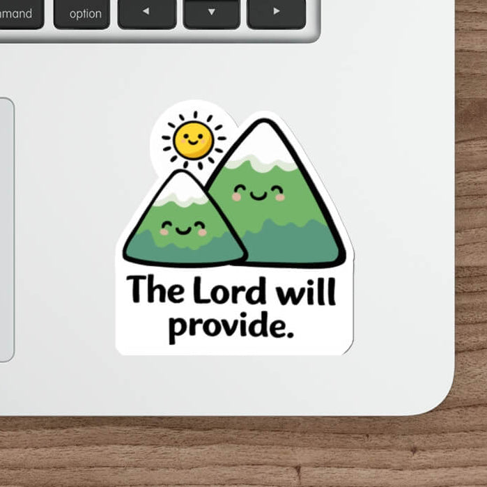 Cute mountain and sun sticker with the text “The Lord will provide” in kawaii style vinyl decal.