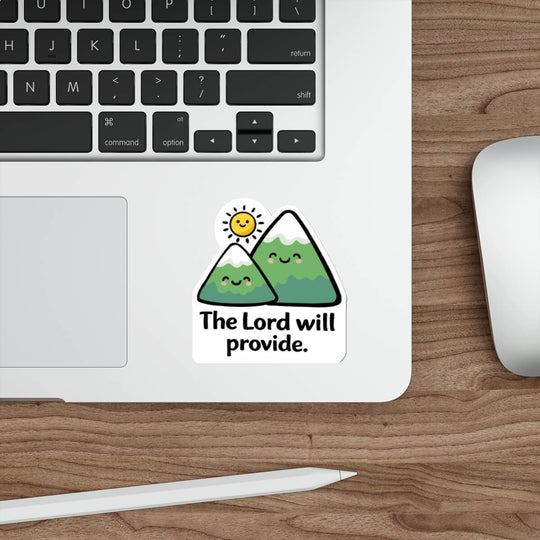 Cute mountain and sun sticker with the text “The Lord will provide” in kawaii style vinyl decal.
