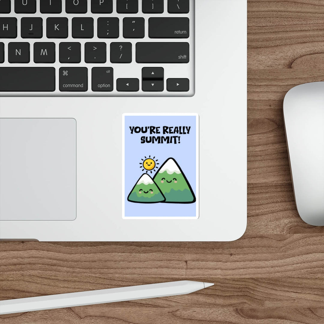Cute mountain sticker with pun you’re really summit and kawaii smiling mountains
