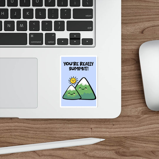 Cute mountain sticker with pun you’re really summit and kawaii smiling mountains