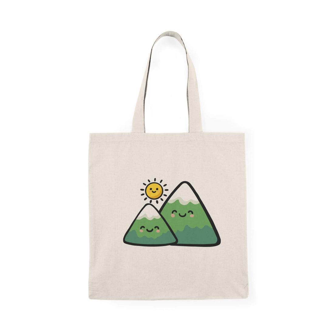 Cute mountain tote bag with kawaii hills and sun illustration