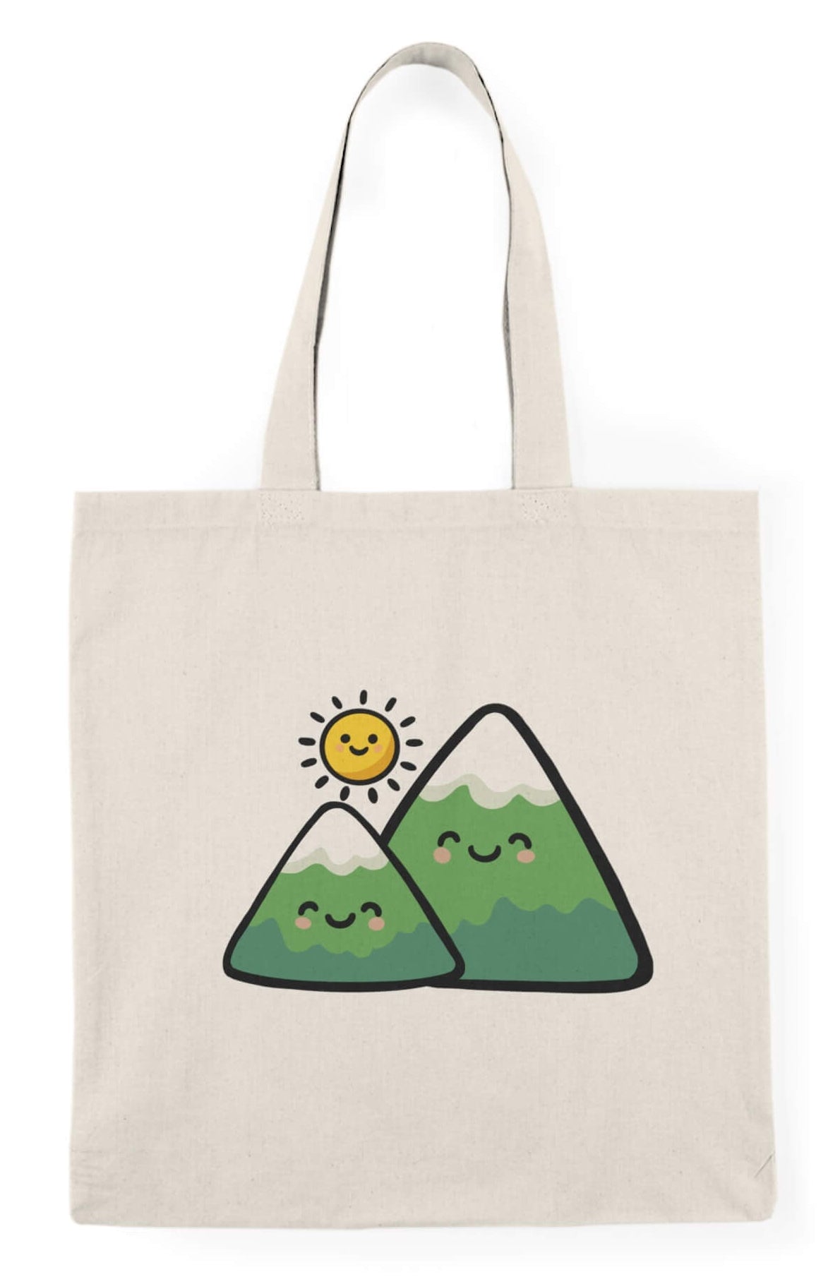 Cute mountain tote bag with kawaii hills and sun illustration