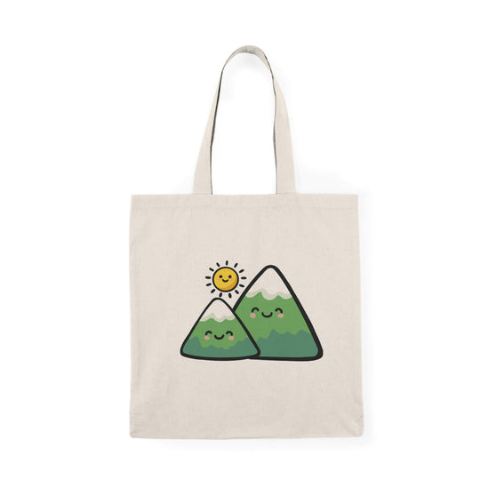 Cute mountain tote bag with kawaii hills and sun illustration