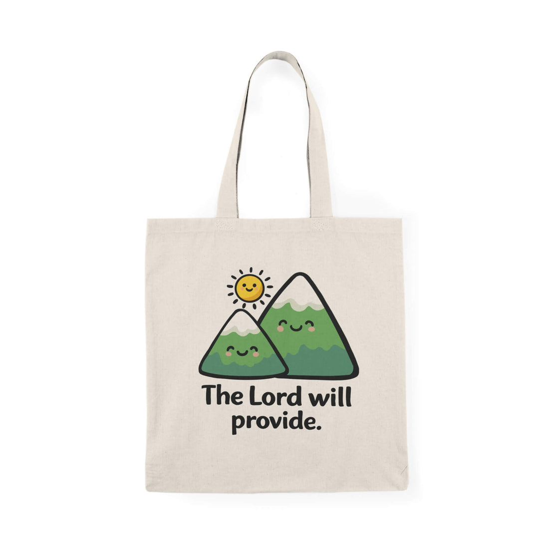 Tote bag with mountains and sun design and 'The Lord will provide' text on a white background