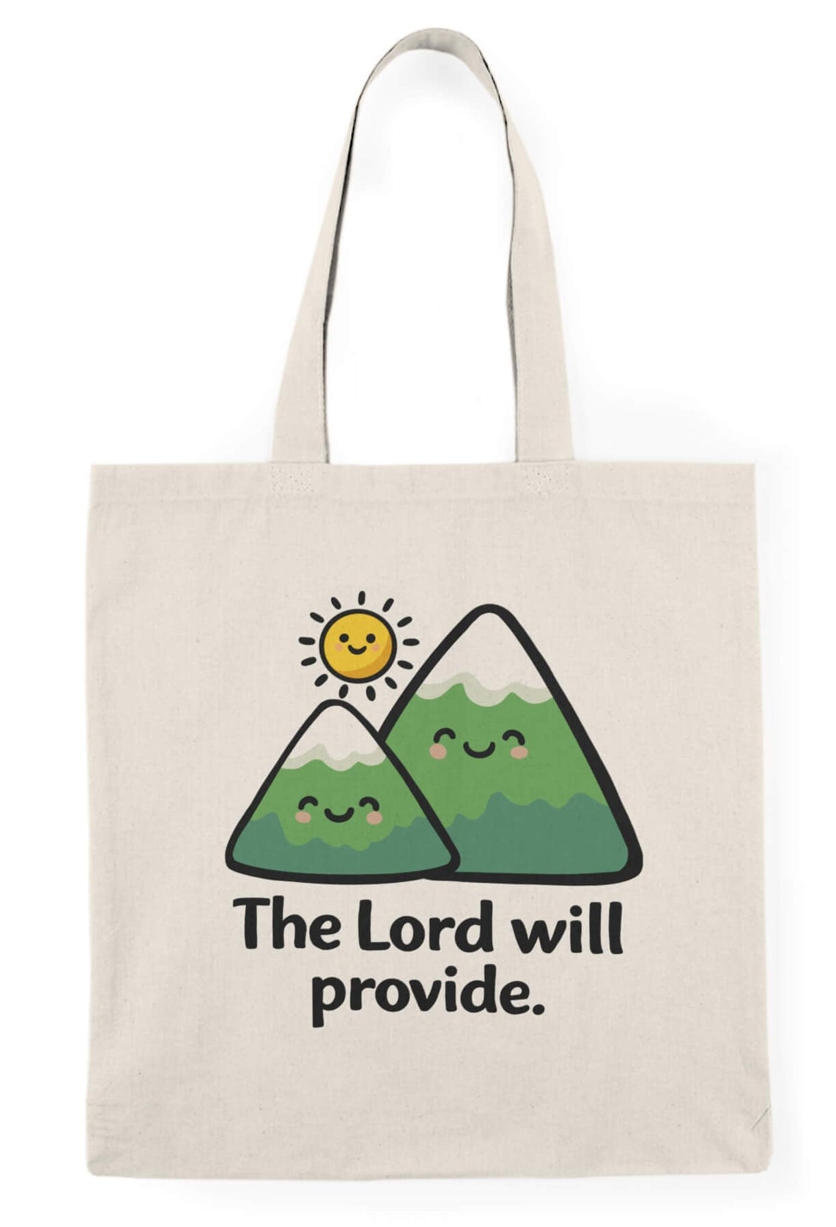 Tote bag with mountains and sun design and 'The Lord will provide' text on a white background
