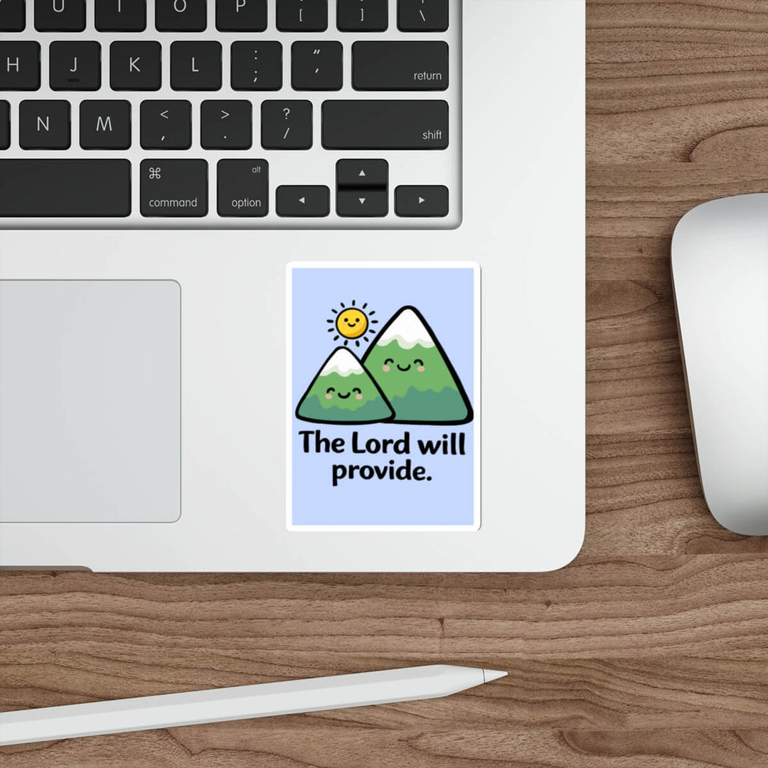 The lord will provide written on smiling kawaii mountain background with blue and yellow kawaii sun