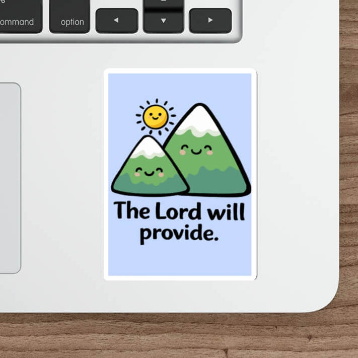 The lord will provide written on smiling kawaii mountain background with blue and yellow kawaii sun
