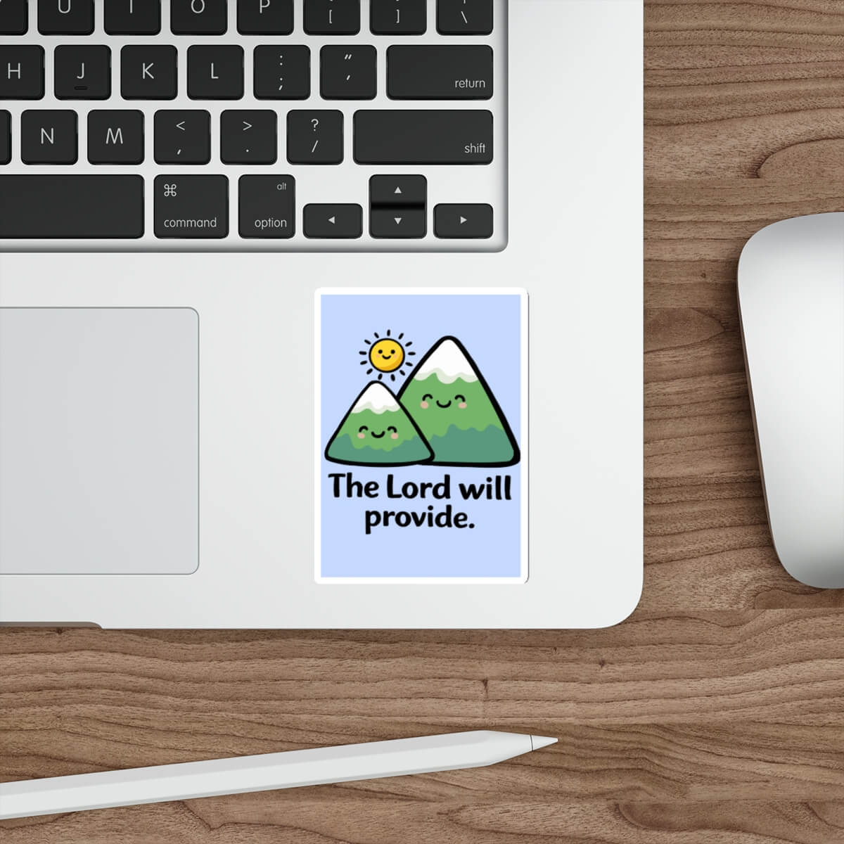 The lord will provide written on smiling kawaii mountain background with blue and yellow kawaii sun