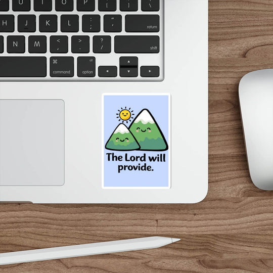 The lord will provide written on smiling kawaii mountain background with blue and yellow kawaii sun