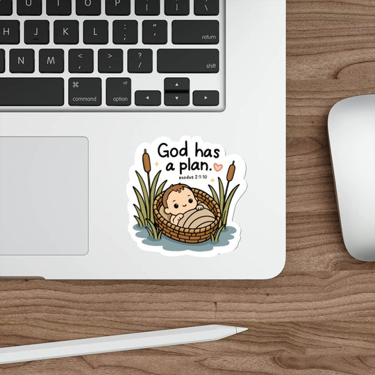Cute Exodus 2 Christian sticker featuring baby Moses in a basket among the reeds with the words God Has A Plan.
