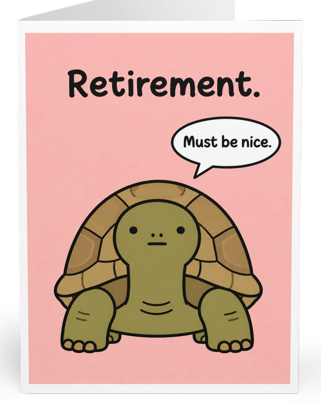 A folded greeting card shown standing upright on a white background. The front has a pink panel with the word &