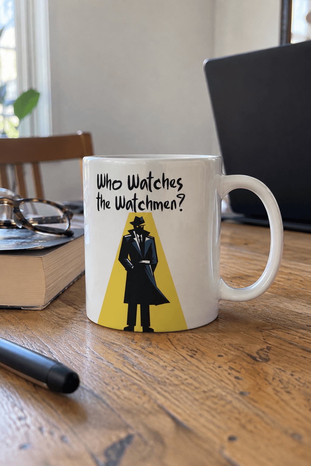 A white ceramic mug with a black and yellow graphic of a figure in a trench coat and the text &