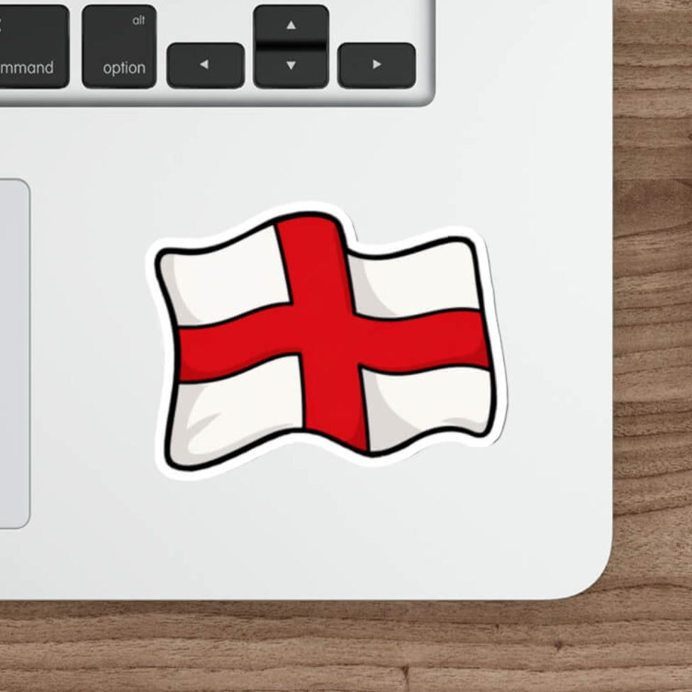  Bold cartoon England flag vinyl sticker featuring the St George's Cross with thick black outlines on a white background.