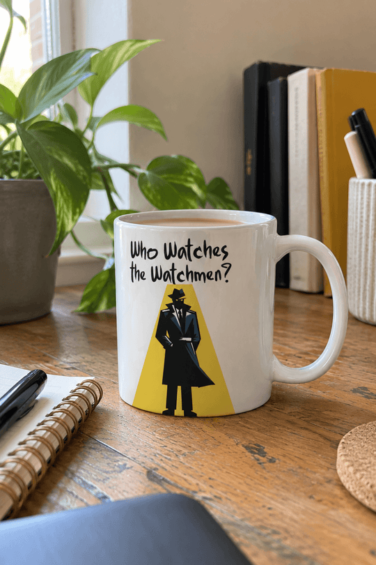 A white ceramic coffee mug with a yellow and black graphic of a detective silhouette and the text &