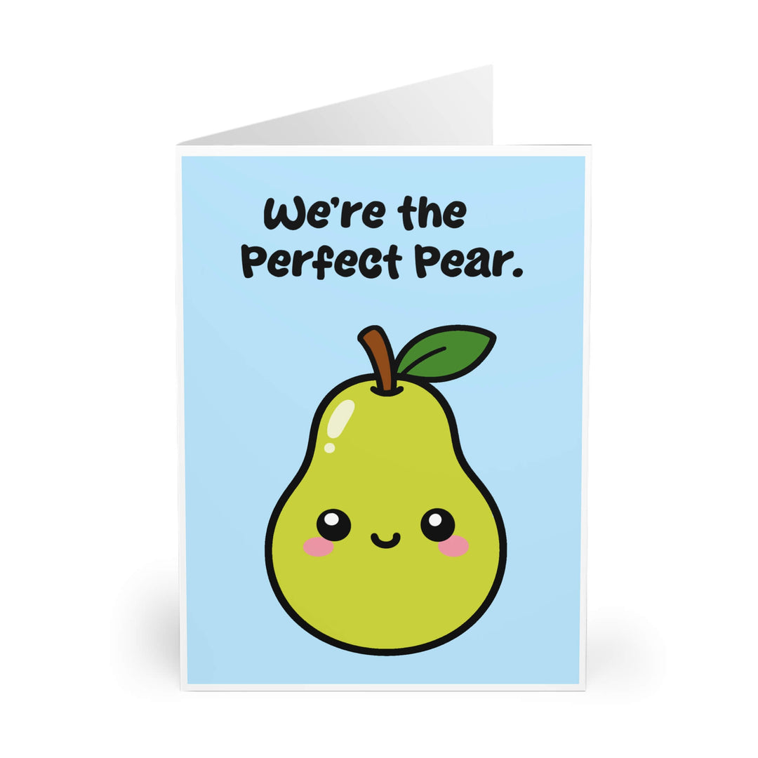 Cute smiling pear illustration on a pastel blue background with the words "We&