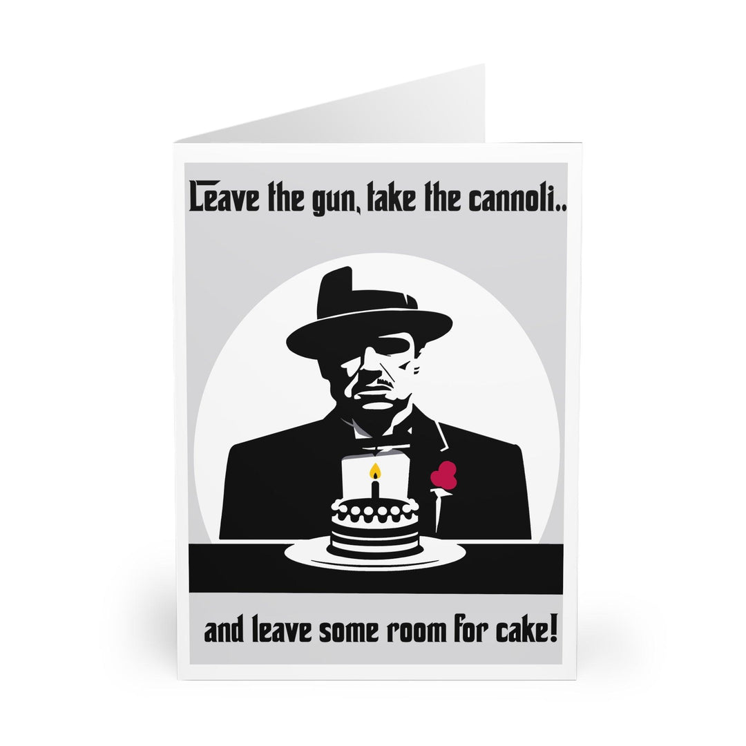 Fun card inspired by the famous line from The Godfather movie, featuring a mobster and the phrase 'Leave the Gun, Take the Cannoli... And Leave Some Room for Cake!' Perfect for fans of the film or as a humorous greeting - Baby Keo.