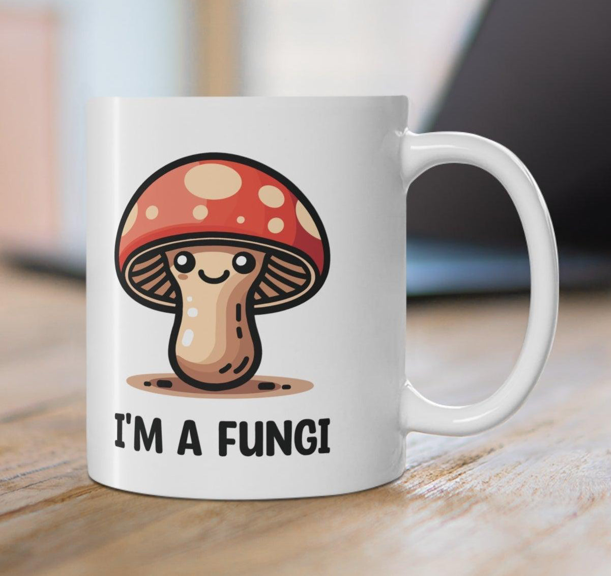 Fun ceramic mug featuring a cute mushroom character and the pun 'I'm a Fungi.' Perfect for adding a playful touch to your morning coffee, ideal for nature lovers and pun enthusiasts - KEOLIX