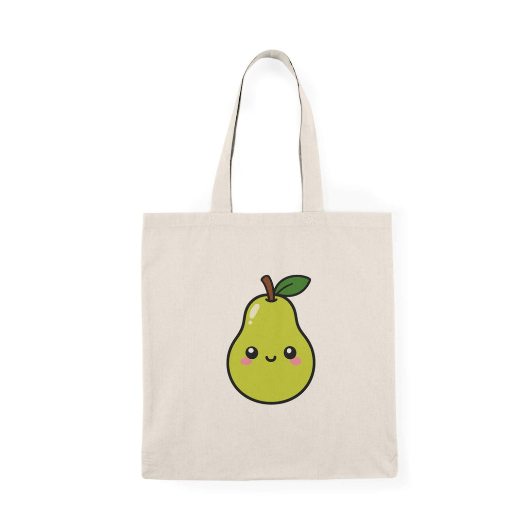 A natural canvas tote bag with a cute, smiling green pear graphic printed on the front, set against a plain white background.