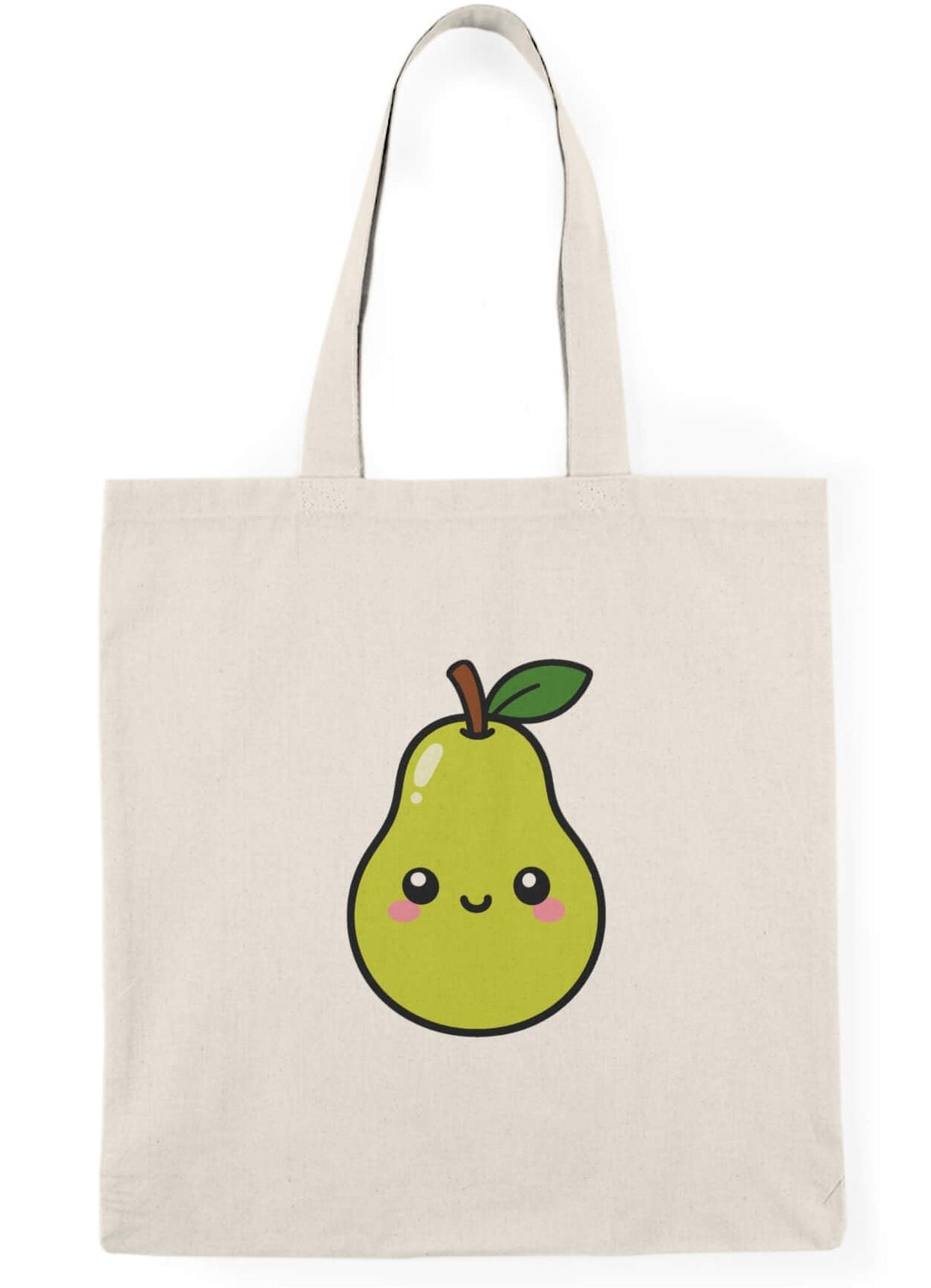 A natural canvas tote bag with a cute, smiling green pear graphic printed on the front, set against a plain white background.