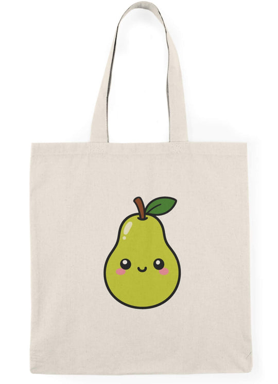 A natural canvas tote bag with a cute, smiling green pear graphic printed on the front, set against a plain white background.
