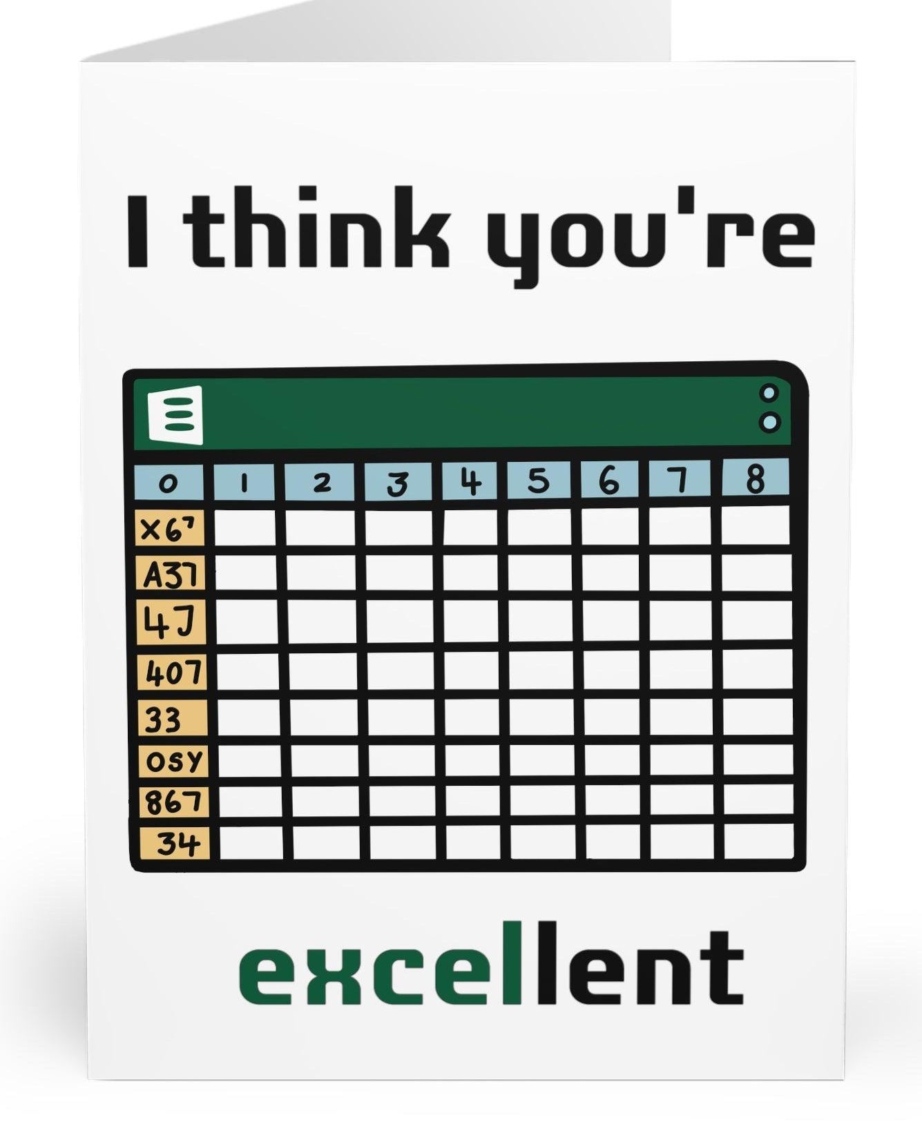 I think unny greeting card featuring a spreadsheet with the phrase 'I Think You’re Excellent.' Perfect for spreadsheet enthusiasts or as a humorous complimen you're Excellent Card - KEOLIX