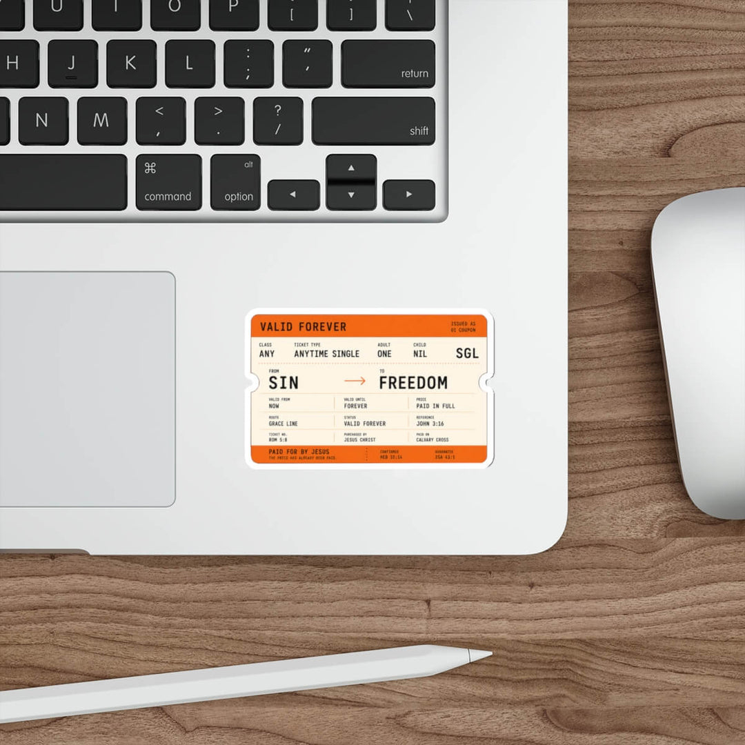 Orange train ticket sticker featuring the message "Paid For By Jesus" with a journey from Sin to Freedom, inspired by John 3:16 and Romans 5:8.