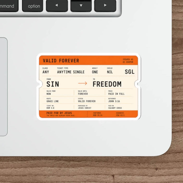 Orange train ticket sticker featuring the message "Paid For By Jesus" with a journey from Sin to Freedom, inspired by John 3:16 and Romans 5:8.